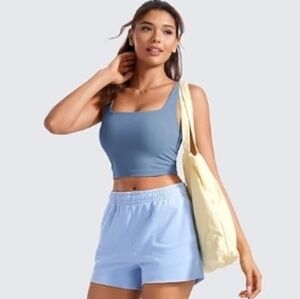 Square Neck Crop Tank Top Workout Longline Sports Bra Blue